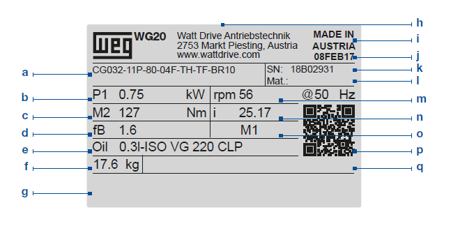 Шильдик редуктора Watt Drive серии WEG