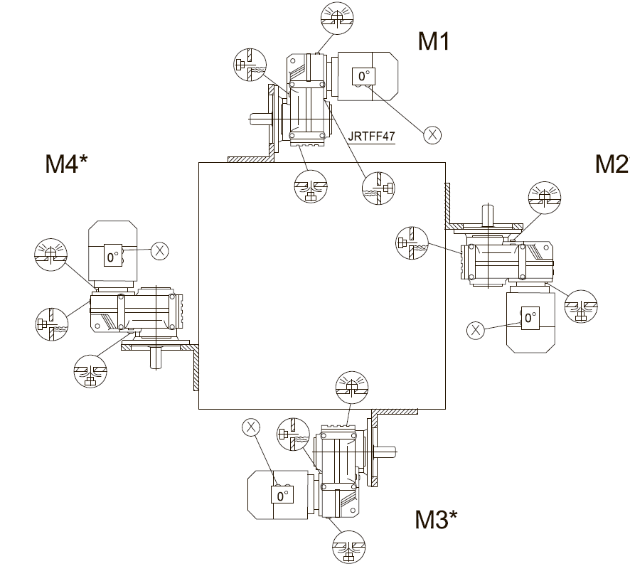 Положение сливной пробки (сапуна) M1, M2, M3, M4, крепление фланец Положение сливной пробки (сапуна) M1, M2, M3, M4, крепление фланец
